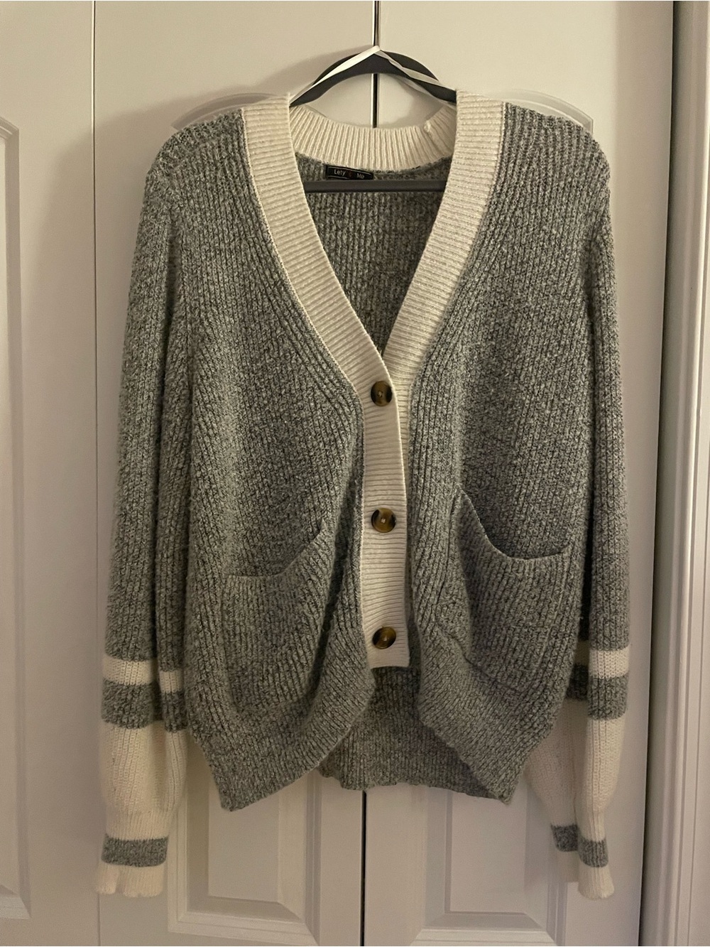 Grey and Cream Button-Front Knit Cardigan